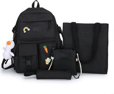 4 Sets/stuks Vrouw Laptop Rugzak School Rugzakken Leuke Schooltas Voor Tieners Meisjes Student Boek Tas Vrouwelijke Satchel Kawaii zwart / met eend pendant