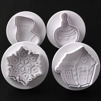 4 stks Kerst 3D Cookie Cake Plunger Cutter Bakvorm Cookie Stempel Biscuit DIY Mold Fondant Taart Decoreren Gereedschappen Beige