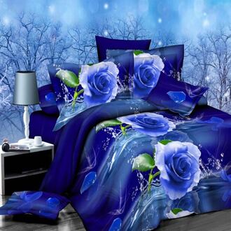 4 Stks/set 3D Blue Rose Gedrukt Beddengoed Set Dekbedovertrek Laken Kussenslopen Queen Size Sprei Beddengoed