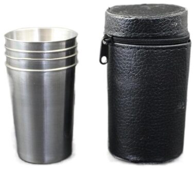 4 Stks/set 70Ml Rvs Koffiekopje Draagbare Koffie Wijn Cup Outdoor Camping Reizen Mok Cup Set Met Lederen case