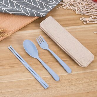 4 Stks/set Bestek Set Pp Tarwe Straw Materiaal Kinderen Bestek Set Portable Set Eetstokjes + Vork + Lepel Blauw
