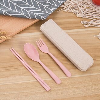 4 Stks/set Bestek Set Pp Tarwe Straw Materiaal Kinderen Bestek Set Portable Set Eetstokjes + Vork + Lepel Roze