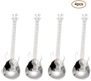 4 Stks/set Creatieve Koffie Lepel Set Rvs Gitaar Vorm Theelepel Roer Lepel Ijs Accessoires Bestek Voor Keuken zilver