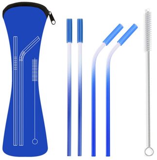 4 stks/set Herbruikbare Rvs Rietjes Rechte Gebogen Rietjes met Siliconen Tips voor Koude Drank rietje Blauw