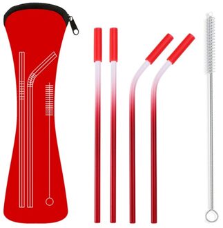 4 stks/set Herbruikbare Rvs Rietjes Rechte Gebogen Rietjes met Siliconen Tips voor Koude Drank rietje Rood