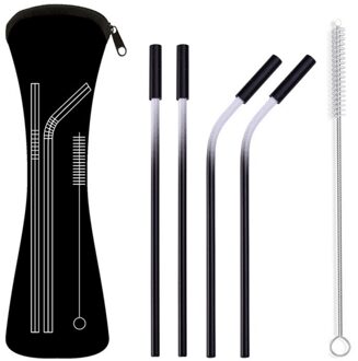 4 stks/set Herbruikbare Rvs Rietjes Rechte Gebogen Rietjes met Siliconen Tips voor Koude Drank rietje zwart
