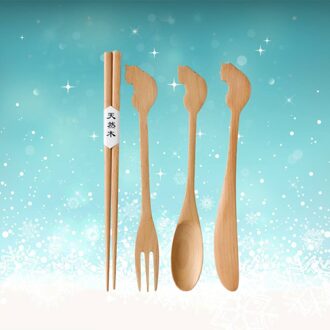 4 Stks/set Houten Cartoon Dier Bestek Lepels Vork Eetstokjes Voedsel Bestek Voor Thuis Restaurant