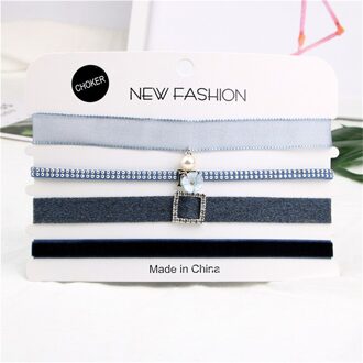 4 Stks/set Lady Fluwelen Zwart Kant Fluwelen Strip Vrouw Kraag Partij Sieraden Hals Accessoires Chokers Handgemaakte Ketting blauw