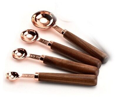 4 Stks/set Rvs Maatbeker Lepel Met Walnoot Handvat Rose Gold Bakken Maatlepel Keuken Schaal Maatbeker gouden