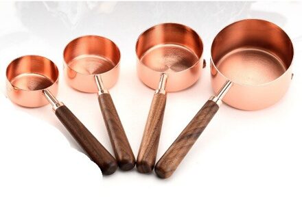 4 Stks/set Rvs Maatbeker Lepel Met Walnoot Handvat Rose Gold Bakken Maatlepel Keuken Schaal Maatbeker roos gouden
