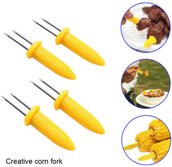 4 Stks/set Twin Prong Bbq Maïs Vorken Hittebestendig Kleine Roestvrij Staal Fruit Corn Houder Picknick Camping Barbecue Voedsel vork