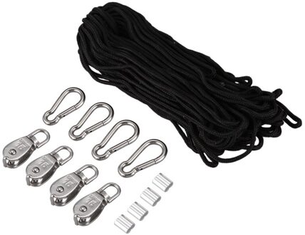 4 Stuks 15Mm Crane Katrol Blok Swivel Haak Enkele Katrol Blok Opknoping Draad Towing Wiel 30 Meter Nylon Katrol lijn Touw