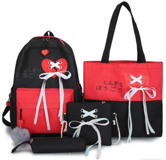 4 Stuks Canvas School Rugzak Dagrugzak Lint Schoudertassen Handtas Etui Set zwart