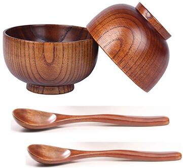 4 Stuks Houten Handgemaakte Kom En Lepel Voor Voor Rijst Miso Serving Home Keuken Servies