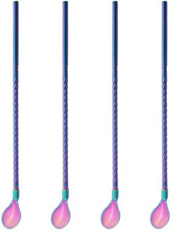 4 Stuks Lange Stro Lepel Multicolor Scoop 18/10 Roestvrij Stalen Rechte Herbruikbare Stro Bar Cocktail Koffie Roeren Drinken Lepel regenboog