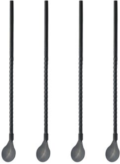 4 Stuks Lange Stro Lepel Multicolor Scoop 18/10 Roestvrij Stalen Rechte Herbruikbare Stro Bar Cocktail Koffie Roeren Drinken Lepel zwart