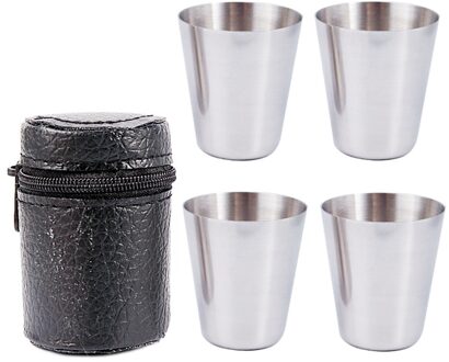 4 Stuks/set Gepolijst 30Ml Mini Borrelglas Roestvrijstalen Beker Wijn Drinkglazen Met Leather Cover Bag
