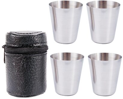 4 stuks/set Gepolijst 30Ml Mini Borrelglas Roestvrijstalen Beker Wijn Drinkglazen Met Leather Cover Bag