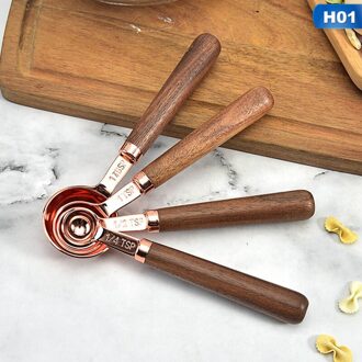 4 Stuks/set Rose Gold Maatbeker Lepel Met Schaal Met Verdikte Houten Handvat Roestvrij Staal Koper Plated Bakken Tool