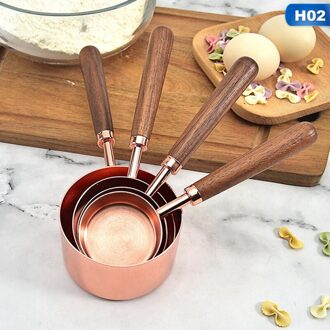4 Stuks/set Rose Gold Maatbeker Lepel Met Schaal Met Verdikte Houten Handvat Roestvrij Staal Koper Plated Bakken Tool