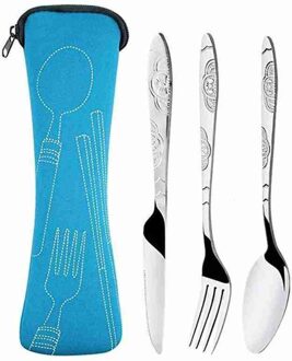 4 Stuks Stalen Messen Vork Lepel Familie Reizen Camping Vier Stuk Staal Set Met Bestek Bestek Zak Eyeful A8S8 blauw