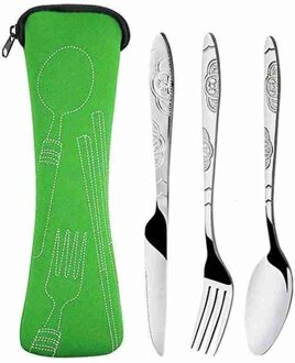 4 Stuks Stalen Messen Vork Lepel Familie Reizen Camping Vier Stuk Staal Set Met Bestek Bestek Zak Eyeful A8S8 groen