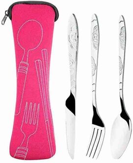 4 Stuks Stalen Messen Vork Lepel Voor Familie Reizen Camping Draagbare Bestek Stalen Bestek Set Met Opbergtas roze