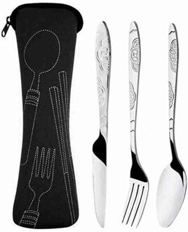 4 Stuks Stalen Messen Vork Lepel Voor Familie Reizen Camping Draagbare Bestek Stalen Bestek Set Met Opbergtas zwart