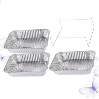 4 Stuks Wegwerp Bbq Drip Pan Aluminiumfolie Tin Barbecue Pan Voedsel Container Liner Trays Takeaway Verpakking Box Met Cover(3500Ml 3P zilver 1