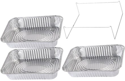 4 Stuks Wegwerp Bbq Drip Pan Aluminiumfolie Tin Barbecue Pan Voedsel Container Liner Trays Takeaway Verpakking Box Met Cover(3500Ml 3P zilver 1