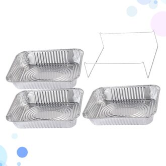 4 Stuks Wegwerp Bbq Drip Pan Aluminiumfolie Tin Barbecue Pan Voedsel Container Liner Trays Takeaway Verpakking Box Met Cover(3500Ml 3P zilver