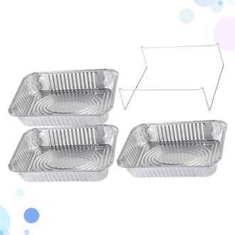 4 Stuks Wegwerp Bbq Drip Pan Aluminiumfolie Tin Barbecue Pan Voedsel Container Liner Trays Takeaway Verpakking Box Met Cover(3500Ml 3P zilver