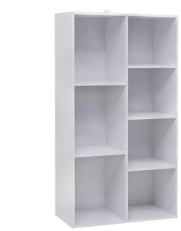 4-Tier Wooden Bookcase Book Display Shelves Storage Cloth Organizer Cube Shelves 7 Cubes White Rack for Office Living Room