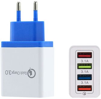 4 Usb Multi-Port Lader Snel Opladen Snelle Opladen Muur Adapter Voor Iphone Xiaomi Samsung Mobiele Telefoon Oplader Hoofd eu Plug blauw