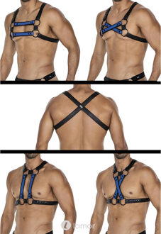 4-way Zwart/blauwe Lederlook harnas06 - Maat: One Size