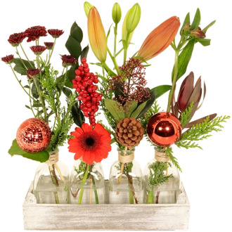 4 x vaasje in houder Kerstsfeer met verse bloemen