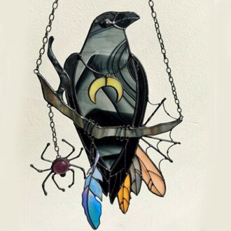 40 # Crow Heks Stained Suncatcher Zwarte Vogel Met Maan Ketting Decoratieve Raam Muur Opknoping Ornament Glas Tuin Beeldjes