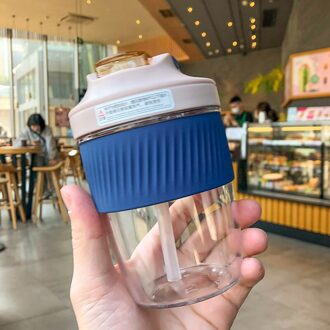 400/600Ml Creatieve Draagbare Plastic Beker Met Rietje Herbruikbare Plastic Beker Dubbele Stro Cup Siliconen Stro Sport Draagbare cup 400ml donker blauw