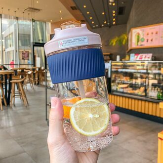 400/600Ml Creatieve Draagbare Plastic Beker Met Rietje Herbruikbare Plastic Beker Dubbele Stro Cup Siliconen Stro Sport Draagbare cup 600ml donker blauw