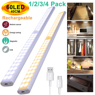 40CM 60LEDs USB Rechargeable PIR Motion Sensor 2 Row LED Cabinet Closet Light Portable Wall Lamp For Cupboard Kitchen Wardrobe