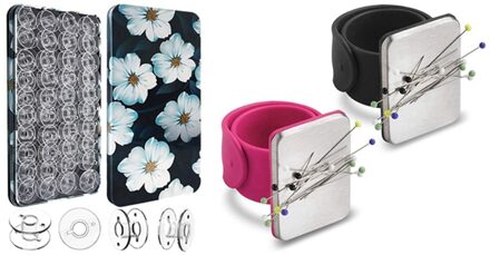 40Pcs Plastic Naaimachine Klossen Met Case. 2 & 2Pcs Magnetische Pols Naaien Speldenkussen (Rose Rood En Zwart)