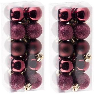 40x Aubergine roze plastic mini kerstballen 3 cm - Mat/glans/glitter - Onbreekbare plastic kerstballen - Kerstboomversiering aubergine roze