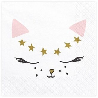 40x Poes/Poezen thema feest servetten 33 cm Wit