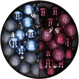 40x stuks kleine kunststof kerstballen aubergine paars en donkerblauw 3 cm