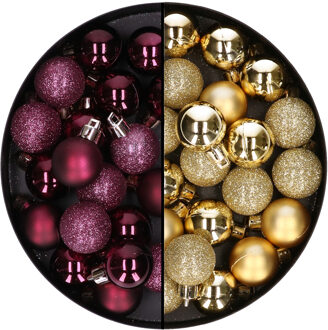 40x stuks kleine kunststof kerstballen aubergine paars en goud 3 cm