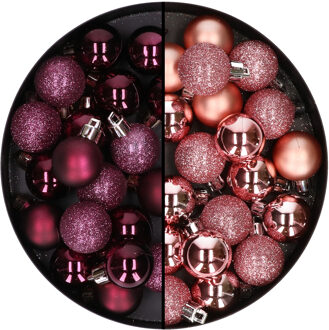 40x stuks kleine kunststof kerstballen aubergine paars en roze 3 cm