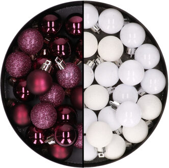 40x stuks kleine kunststof kerstballen aubergine paars en wit 3 cm - Kerstbal