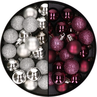 40x stuks kleine kunststof kerstballen aubergine paars en zilver 3 cm