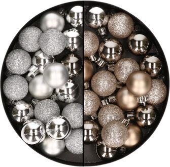 40x stuks kleine kunststof kerstballen champagne en zilver 3 cm