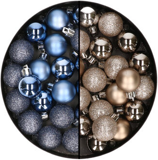 40x stuks kleine kunststof kerstballen donkerblauw en champagne 3 cm